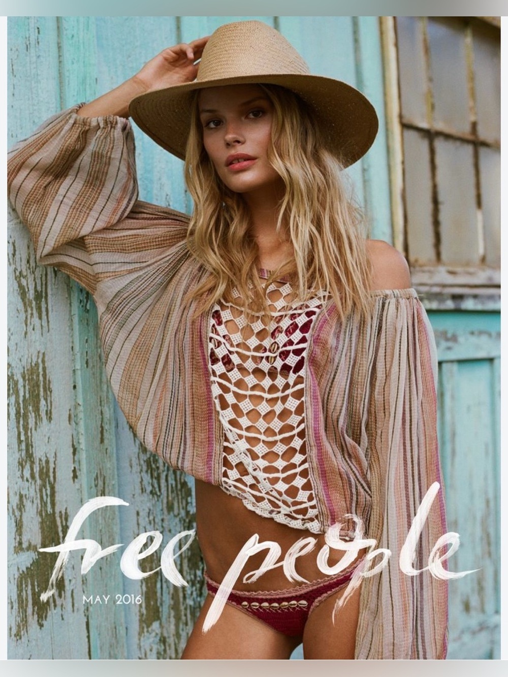 Free People One Multicolor Stripe Crochet Panel Off Shoulder Top Medium Large
